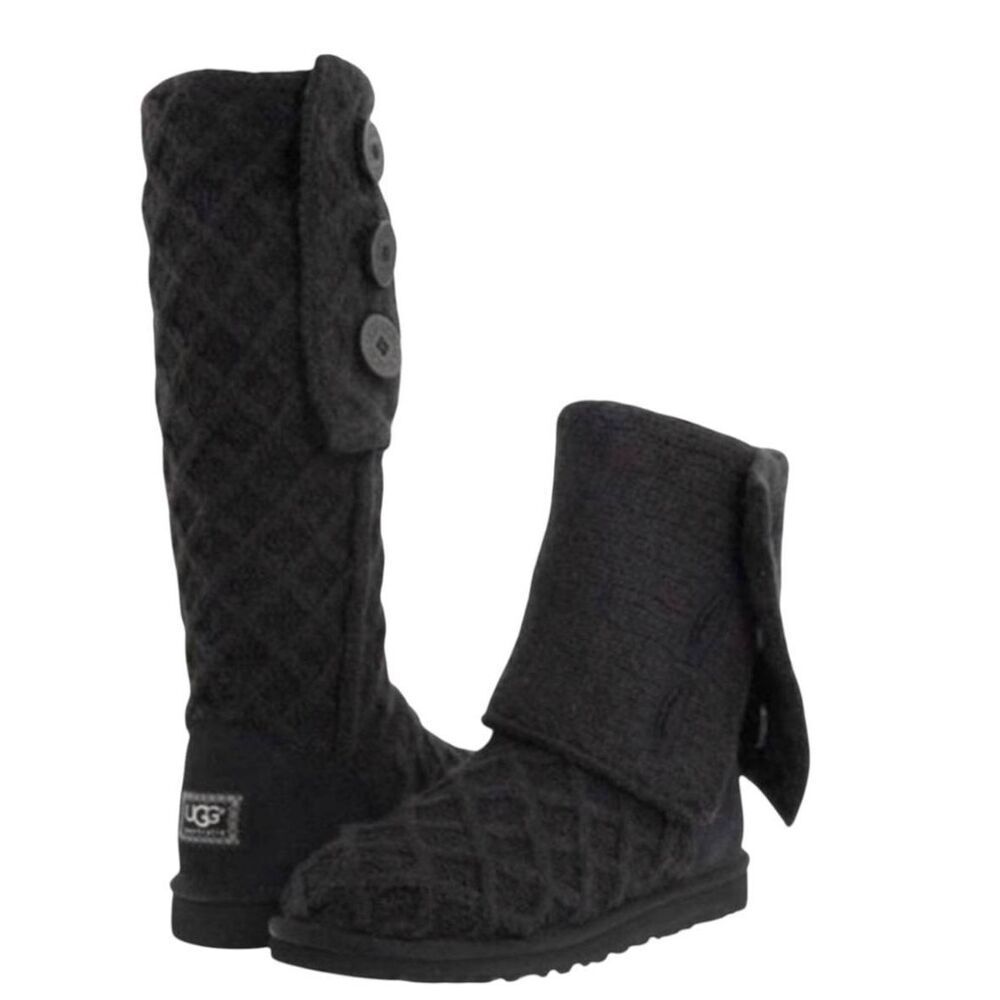 UGG Lattice Cardy Tall Black Knit Winter Boot Size 7